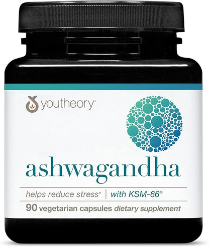 Youtheory Ashwagandha - with Organic KSM-66 Ashwagandha - Herbal Blend to Support Stress Relief & Energy Levels* - Helps Support Mood* - 1,000 mg - 90 Vegetarian Capsules (45-Day Supply)