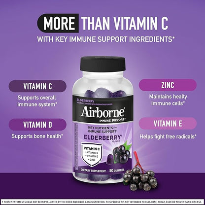 Airborne Elderberry + Zinc & Vitamin C Gummies For Adults, Immune Support Vitamin D & Zinc Gummies With Powerful Antioxidant Vitamins C D & E - 50 Gummies, Elderberry Flavor
