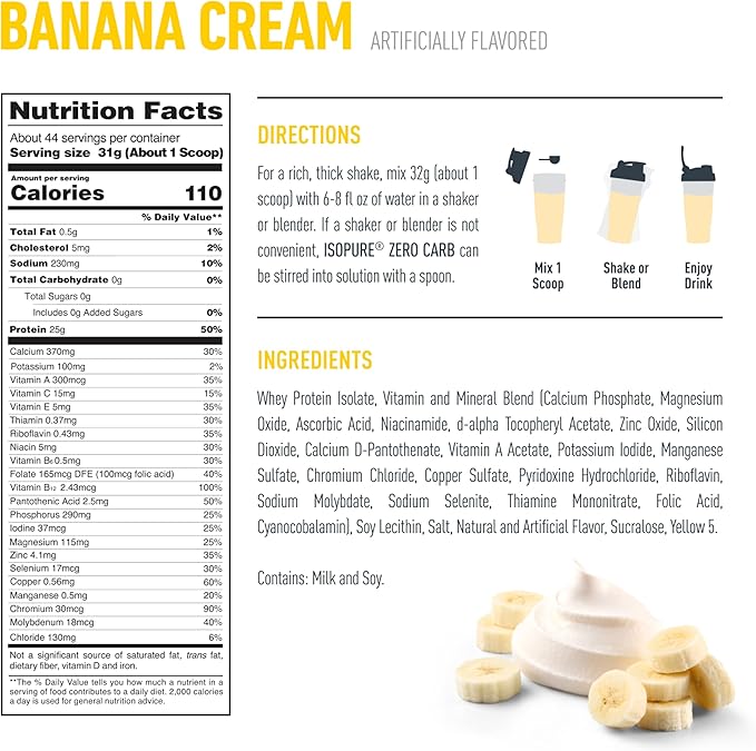 Isopure Zero Carb 100% Pure Whey Isolate Protein Powder, Gluten Free, With Vitamins, Banana Cream, 25g Protein Per Serving, 3 Lbs, 44 Servings (Packaging May Vary)