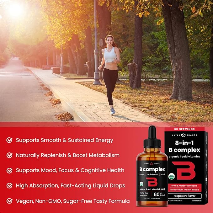USDA Organic Vitamin B Complex Liquid Drops Sublingual B12 Methycobalamin | B1, B2, B3, B5, B6, B7, B9 | Methylated B Vitamins Complex for Women & Men | Biotin, Niacinamide, Folate & Folic Acid, 2oz