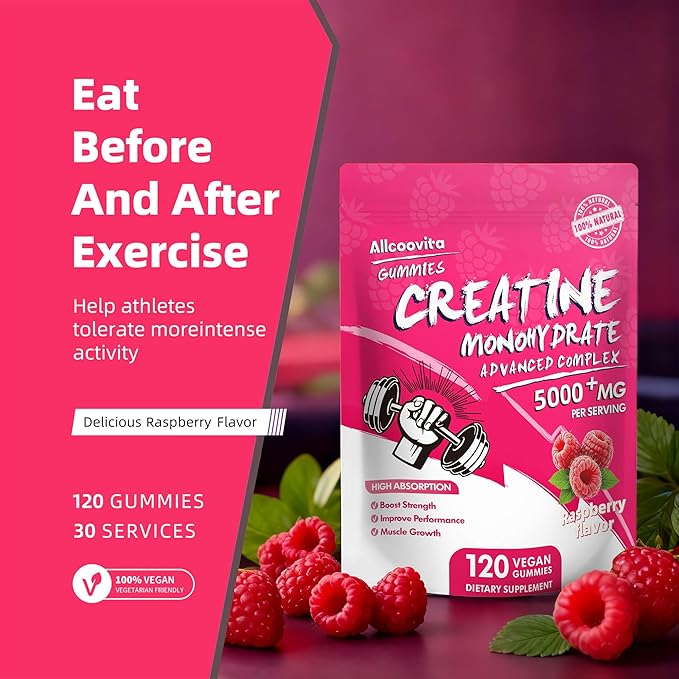NSF Certified Creatine Gummy - Creatine Monohydrate Gummies 5000mg for Men & Women -120 Gummies Advanced Formula, Muscle Strength, Muscle Builder, Energy Boost, Pre-Workout Supplement-Raspberry
