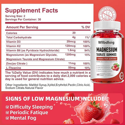 Magnesium Taurate Gummies, 1000mg Complex Magnesium Taurate Glycinate Citrate Gummies -High Absorption & Sugar Free, Muscle,Sleep and Heart Health Support, Vegan, Gluten Free, 60 Counts