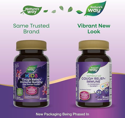 Nature’s Way Sambucus Kids Cough Relief +(1) Immune Gummy*, Feel Better Faster(1), Clinically Proven South African Geranium, with Elderberry, Vitamin C & Zinc, Gluten Free, Vegetarian, 36 Gummies