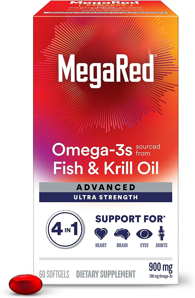 Megared Omega-3 Fish & Krill Oil Supplement 900mg - MegaRed Advanced 4in1, 60 softgels, 2x More Omega-3, Heart, Joint, Brain and Eye Supplement, Red, 60 Count
