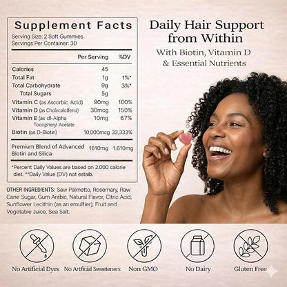 Hair Growth Gummies for Black Women, with Biotin-Silica Complex (5000mg Biotin) & Vitamin D (30mcg), Supports Healthy Hair Growth & Strength, Skin & Nail Care, Non-GMO, 60 Gummies