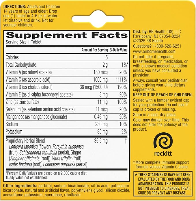 Airborne Immune Support Effervescent Tablets, Zesty Orange Flavor - 10ct with 1000mg Vitamin C + Vitamins A, D, E, Zinc, Selenium, Manganese & Herbal Blend - Sugar‑Free, Gluten‑Free