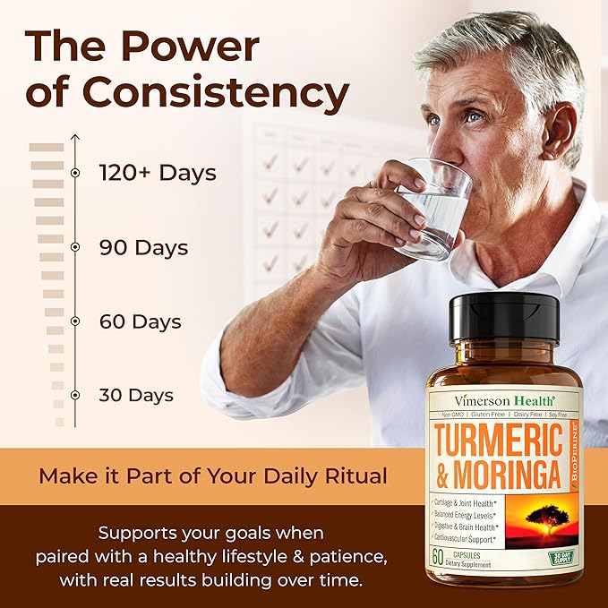 Moringa Turmeric Curcumin Supplement for Joint Health, Gut Health, Energy & Immune Support – Turmeric Curcumin with Black Pepper – Total Wellness Formula with Tumeric Moringa Pure Capsules – 60 Count
