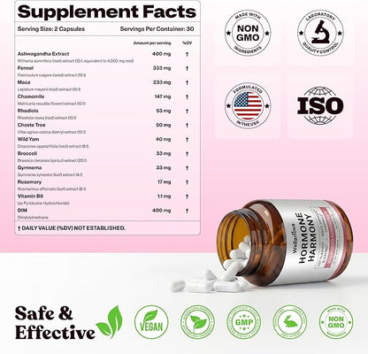 Hormone Harmony for Women – Natural Hormonal Balance Support for Menopause & Perimenopause – Hot Flashes, Mood Swings, Cravings, Bloating Relief – 60 Capsules