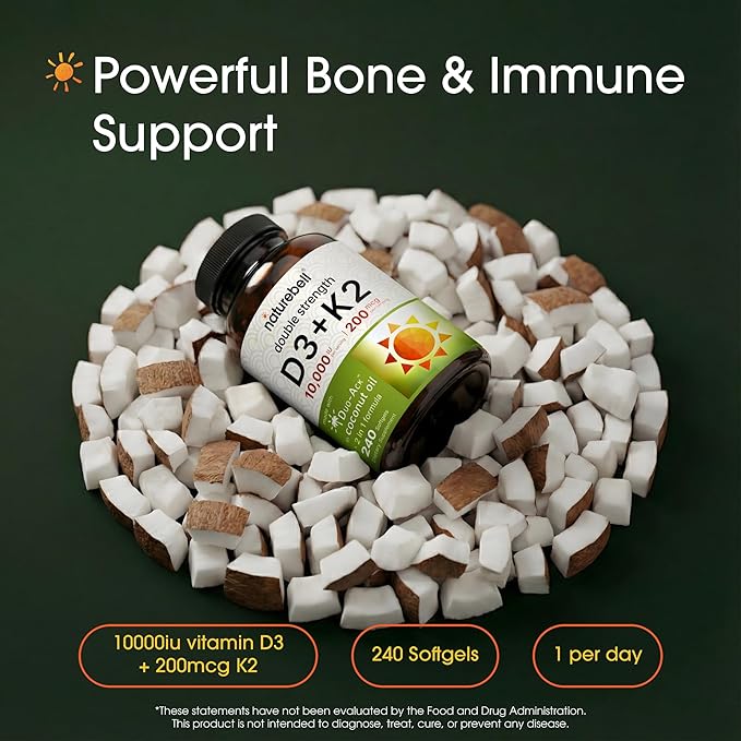 NatureBell Vitamin Double Strength D3 + K2-240 Softgels - 10,000 IU Vitamin D & 200mcg K2 - Bone Strength, Immune Function & Calcium Absorption Support* - Coconut Oil Infused