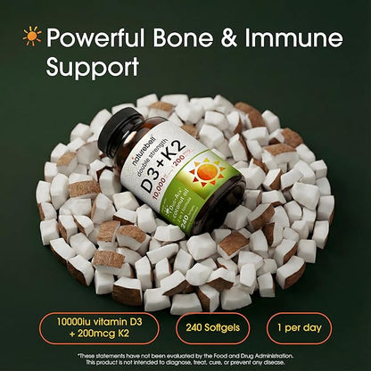 NatureBell Vitamin Double Strength D3 + K2-240 Softgels - 10,000 IU Vitamin D & 200mcg K2 - Bone Strength, Immune Function & Calcium Absorption Support* - Coconut Oil Infused