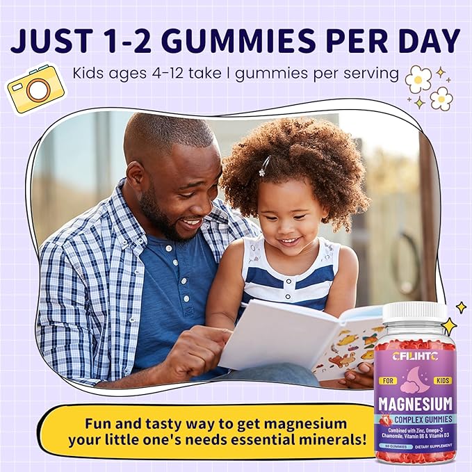 Kids Magnesium Gummies-Magnesium Glycinate Gummies for Kids Supplement-w/Zinc, Chamomile, Omega-3, Vitamin B6, D3 - for Sleep, Relaxation, Brain, Bones, Children's Calm, Sugar Free Strawberry 60ct