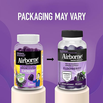 Airborne Elderberry + Zinc & Vitamin C Gummies For Adults, Immune Support Vitamin D & Zinc Gummies With Powerful Antioxidant Vitamins C D & E - 50 Gummies, Elderberry Flavor