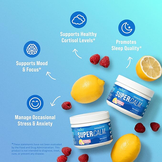 Nello Supercalm Powdered Drink Mix Tub, Cortisol Reducer*, Sleep Aid Supplement, L Theanine, Ksm-66 Ashwagandha, Magnesium Glycinate, Vitamin D 3, No Sugar, Non GMO, 30 Ct, Raspberry Lemonade