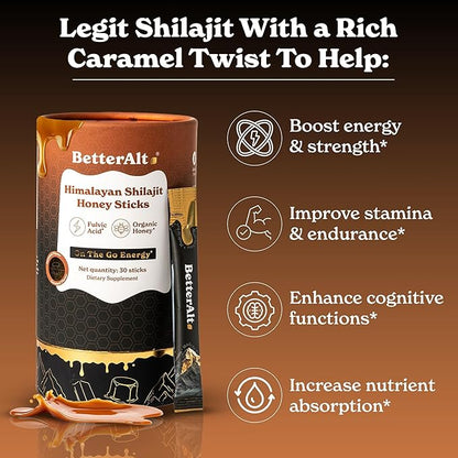Better Alt Pure Himalayan Shilajit Caramel Honey Sticks with Organic Honey| Easy to Consume Shilajit| 30 Sticks for Energy Boost & Immune Support, 85+ Trace Minerals, 75%+ Fulvic Acid