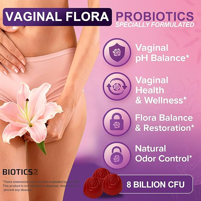 Flora Vaginal Probiotics for Women pH Balance Gummies with Prebiotics 8x Billion Probiotics 5x Extracts Saw Palmetto, Dong Quai, Motherwort, Wild Kelp & Yam | Vegan Sugar-Free Gluten-Free, 60 Ct