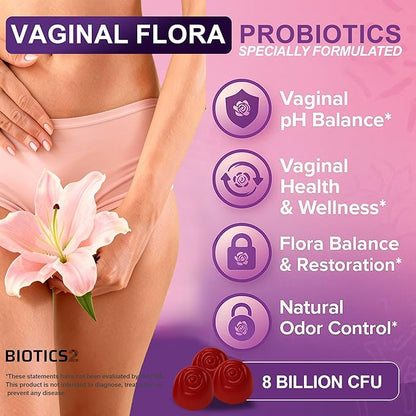 Flora12 Vaginal Probiotics for Women pH Balance Gummies with Prebiotics 8x Billion Probiotics 5x Extracts Saw Palmetto, Dong Quai, Motherwort, Wild Kelp & Yam | Vegan Sugar-Free Gluten-Free, 120 Ct