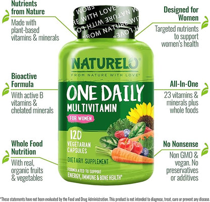 NATURELO One Daily Multivitamin for Women w/Vitamin B12, 120 Ct, Energy Support, Whole Food Daily Women Multivitamin Supplement, Nourish Hair/Skin/Nail, Non-GMO, No Soy, Gluten Free, 4 Month Supply