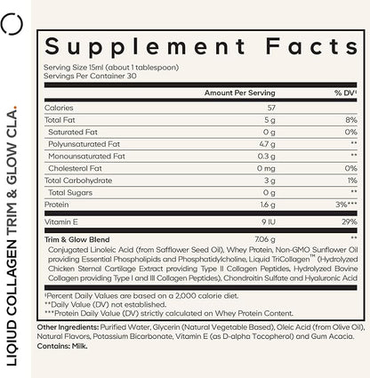 Codeage Liquid Collagen Supplement Vanilla Flavor, Beauty Trim & Glow Liposomal Collagen Peptides, CLA Conjugated Linoleic Acid, Hyaluronic Acid, Vitamin E, Hydrolyzed, Non-GMO, 15.22 fl oz