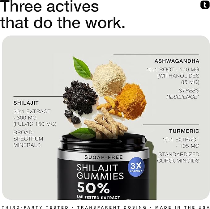 Shilajit Gummies – 20:1 Concentrate – 50% Fulvic Acid, Himalayan Sourced – Ashwagandha + Turmeric – Sugar-Free – Lab Tested