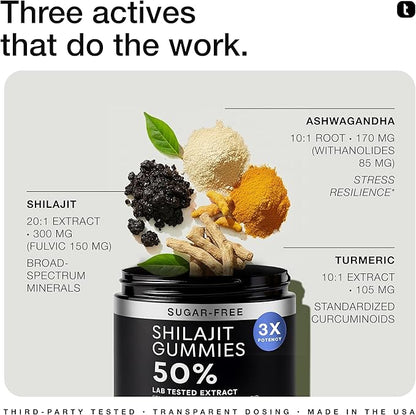 Shilajit Gummies – 20:1 Concentrate – 50% Fulvic Acid, Himalayan Sourced – Ashwagandha + Turmeric – Sugar-Free – Lab Tested