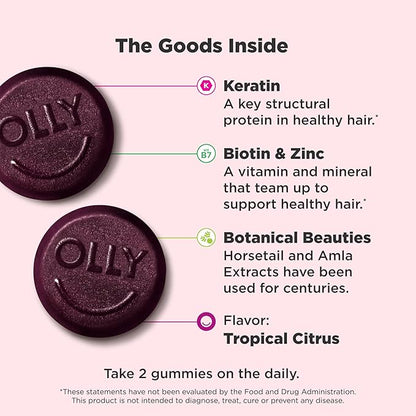 OLLY Heavenly Hair Gummy, Supports Healthy Hair, Keratin, Biotin, AMLA, Chewable Supplement, 30 Day Supply - 60 Count