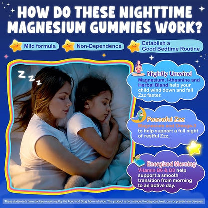 Kids Calcium Magnesium Supplement Gummies - Calcium Citrate 800mg with Magnesium Glycinate 200mg, L-Theanine, Vitamin D3 K2 & Omega-3 Multivitamin for Kids Day & Night Gummies - Vegan, Sugar Free