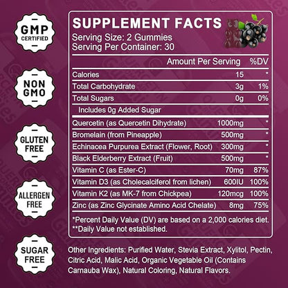 Quercetin Gummies with Bromelain 2378mg - Blend with Elderberry, Echinacea Purpurea Extract, Zinc, Vitamin C,D3,K2, Complex Supports Immune, Cardiovascular & Respiratory, Vegan Gummy for Adult & Kid