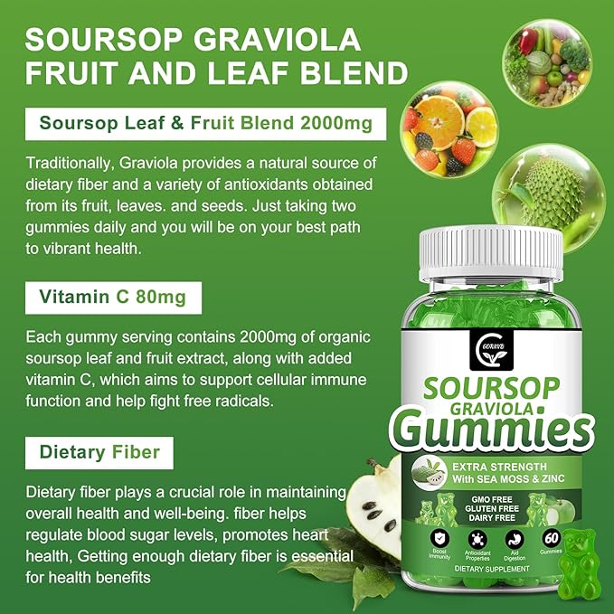 (2 Pack) Soursop Graviola Gummies - 2200mg Extra Strength Soursop Leaves Extract w/Sea Moss Extract 200mg, Zinc & Vitamin C - Supports Immunity, Liver & Digestive, Gluten Free, Vegan, 120 Gummies