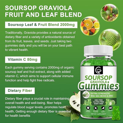 Organic Soursop Graviola Gummies - 2200mg Extra Strength Soursop Leaves Extract w/Sea Moss Extract 200mg, Zinc & Vitamin C - Supports Immunity, Liver, Zzz & Antioxidant, Gluten Free, Vegan, 60 Gummies
