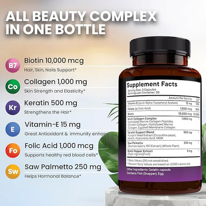 NEW AGE Biotin Collagen Keratin Hyaluronic Acid - 50,000mcg Hair Growth Vitamins for Men and Women, Nails, Hair, Skin Vitamins and DHT Blocker with Vitamin E Folic Acid Pumpkin Seed MSM - 90 Count