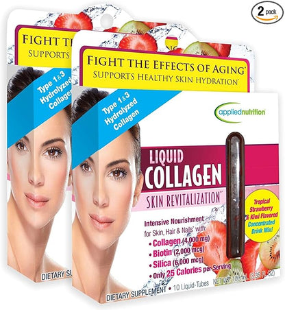 Applied Nutrition Liquid Collagen Skin Revitalization - 10 Liquid Tubes, Pack of 2 - Collagen, Biotin & Silica - Tropical Strawberry & Kiwi Flavor - 20 Servings
