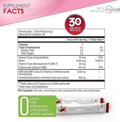 AgelessLX Powder Supplement for Women - with HMB Collagen Enhancer Plus Vitamin D3 with K2, Horsetail and Biotin for Lean Muscle and Stronger Hair and Nails - 30 Powder Packets, Cherry Limeade