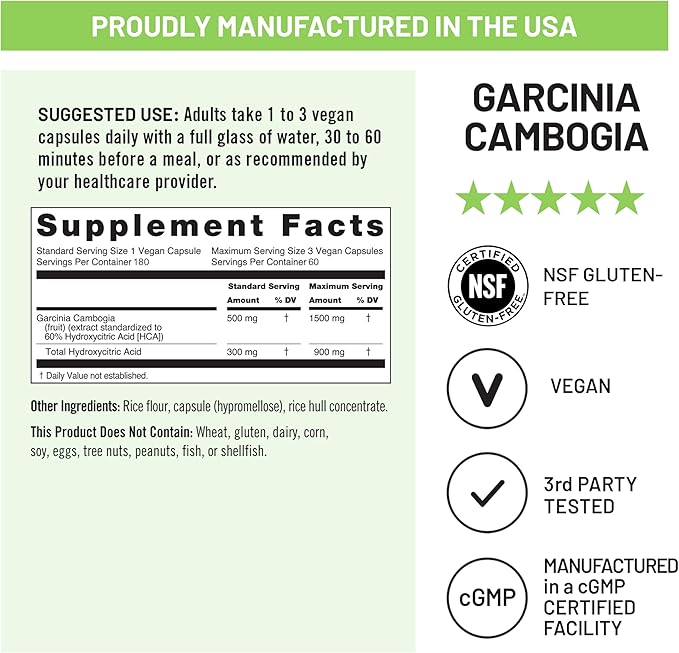 Naturewise Garcinia Cambogia - 60% HCA Concentration Extract, Natural Support for Weight Goals and Energy Levels - Vegan, Non-GMO, Gluten Free - 180 Capsules[2-6 Month Supply]