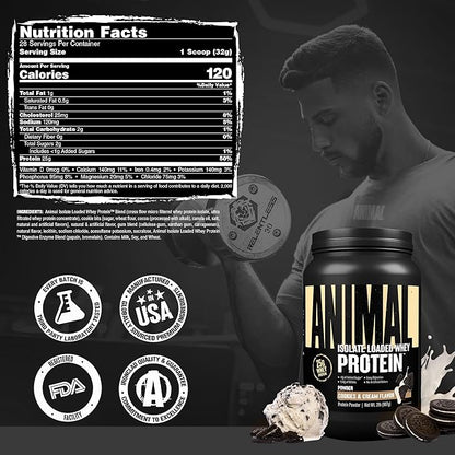 Animal Whey Isolate Protein Powder - Loaded for Pre & Post Workout Muscle Builder and Recovery with Digestive Enzymes for Men & Women - 25g Protein, Great Taste, Low Sugar - Cookies & Cream 2 lbs