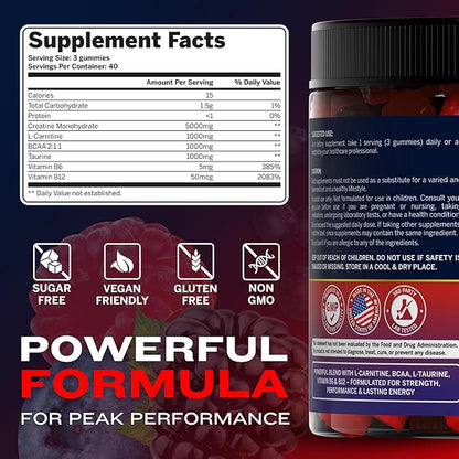Pre-Workout Gummies – 120-Count Creatine Monohydrate Gummies for Men and Women – Pre-Workout Supplement with BCCA, L-Carnitine, Taurine for Muscle Growth, Energy, Performance – Berry Flavor