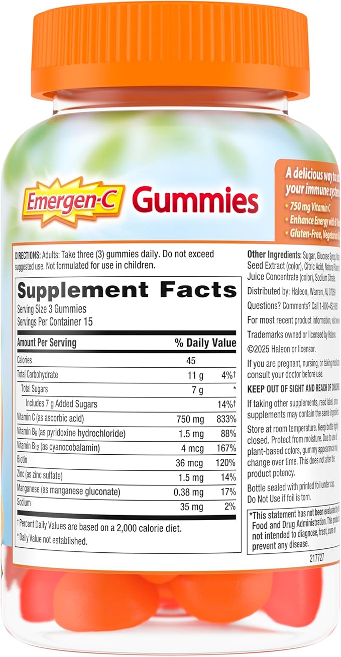 Emergen-C 750mg Vitamin C Gummies for Adults, Immunity Gummies with B Vitamins, Gluten Free, Orange, Tangerine and Raspberry Flavors, Back to School Essentials - 45 Count