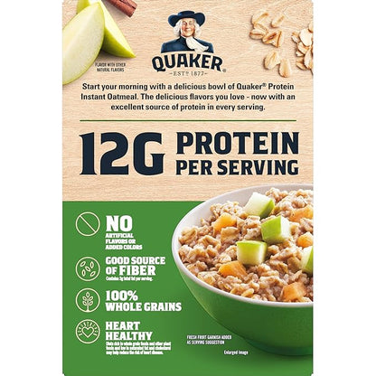 Quaker Protein Instant Oatmeal, Apple Cinnamon, 12g Protein per Serving, Whole Grains, No Artificial Flavors, No Added Colors, 2.11 oz Packets, (6 Pack)