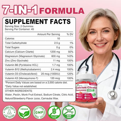 90 Count Calcium Citrate Gummies - Calcium Gummies with Magnesium & 4 Essential Vitamins Support Bone, Muscle, Teeth, Immunity, Calcium Supplements for Women & Men, Strawberry Flavor