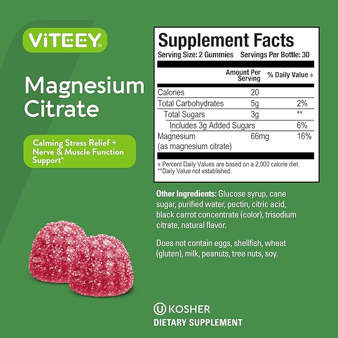VITEEY Magnesium Gummies for Adults - 66mg of Magnesium Citrate Gummy for Calm, Sleep, Nerve & Muscle Function Support - Vegetarian, Gluten Free - 60 Count