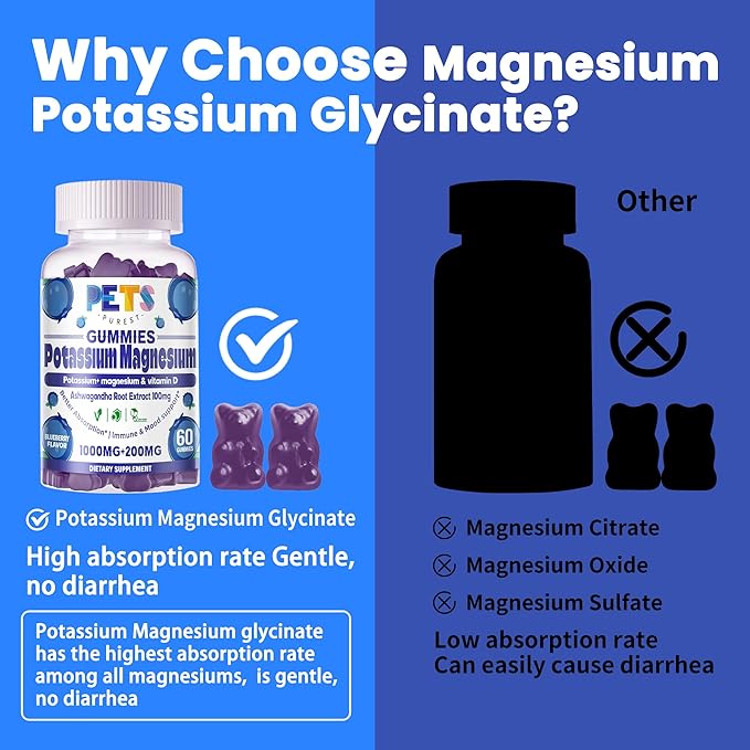 Potassium Magnesium Gummies - High Absorption Magnesium Glycinate & Potassium Citrate Plus Omega 3, B6, D3, K2 & Calcium - Chewable Gummy for Leg Cramps, Immunity & Energy Blueberry 120 Gummies