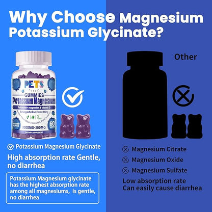 Potassium Magnesium Gummies - High Absorption Magnesium Glycinate & Potassium Citrate Plus Omega 3, B6, D3, K2 & Calcium - Chewable Gummy for Leg Cramps, Immunity & Energy Blueberry 120 Gummies
