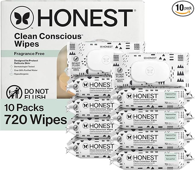 The Honest Company Baby Wipes for Sensitive Skin, Hypoallergenic, Fragrance-Free, Multi-Use, Pattern Play Design, 720 Count (8 Packs of 90)