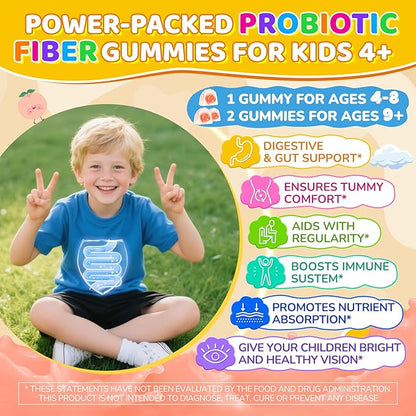 Kids Probiotic + Prebiotic Fiber Gummies 5G, 12 Billion CFU Probiotic & Veggie Fruit Fiber, w/ Organic Inulin, Methyl B12 B6 D3 C, Lutein for Children's Digestive & Gut, Immune Health, Sugar Free,60Ct