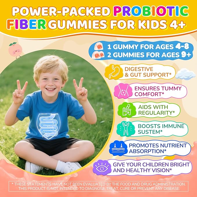 2Pack Kids Probiotic + Prebiotic Fiber Gummies 5G, 12 Billion CFU Probiotic & Veggie Fruit Fiber, w/ Organic Inulin, Methyl B12 B6 D3 C, Lutein for Children's Digestive & Gut, Immune Health,Sugar Free