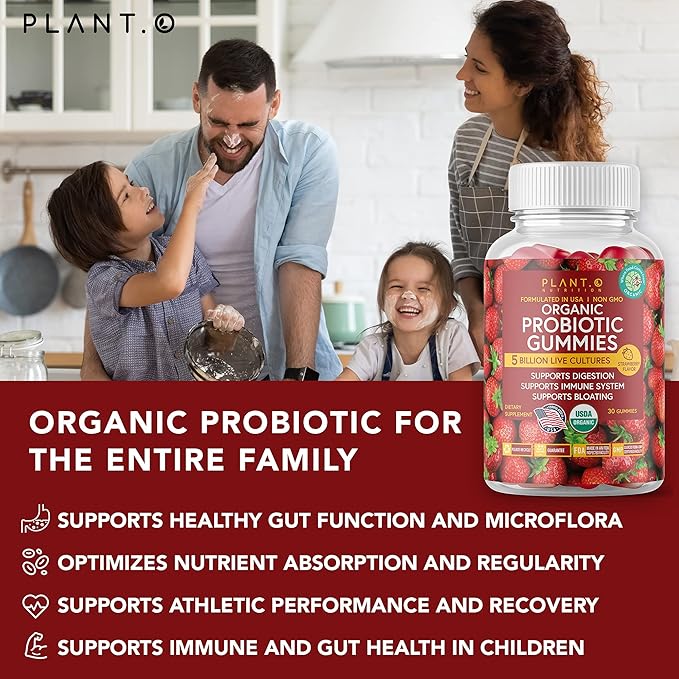 Plant.O Organic Probiotic Gummies for Women, Men & Kids [5 Billion CFUs USDA Certified] Help Support Digestion, Bloating, Constipation & Immune System, Strawberry Flavor, 30 Chewable Probiotics