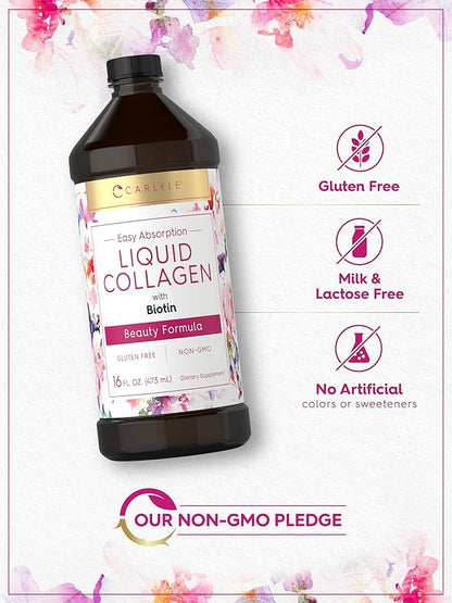 Carlyle Liquid Collagen for Women and Men | 16 fl oz | Type 1 & 3 with Biotin | Berry Flavor | Non-GMO & Gluten Free Supplement