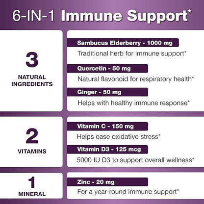 Elderberry Vitamin C and Zinc Capsules for Adults | 240 Count with Quercetin & Vitamin D3 | 6-in-1 Immune Support Supplement Pills | Sambucus Black Elderberry Natural Immunity Vitamins | Made in USA