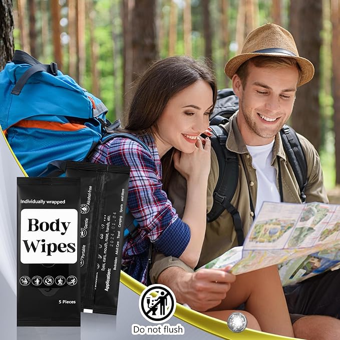 300 Pcs 60 Pack Body Wipes for Adults Bathing No Rinse Individually Wrapped Shower Wipes Washcloth with Aloe Cleansing Body Wash Cloths Disposable Bulk Deodorant Homeless(Black Background)