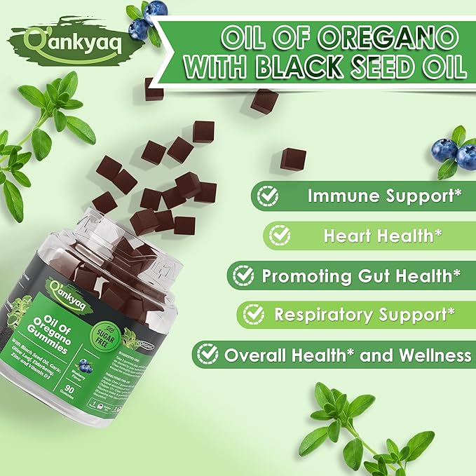 Oregano Oil with Black Seed Oil Organic Gummies for Kids and Adults | 6-in-1 Oregano Oil Supplement | Carvacrol + Thymoquinone | Immune Support with Garlic, Elderberry | Sugar-Free, 180 Chewable