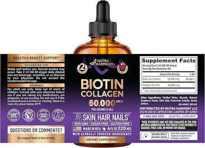 Liquid Biotin & Collagen 60,000 mcg - Vitamins for Hair Growth Support - Extra Strength Drops for Women & Men - Liquid Collagen Supplement - Strong Nails & Healthy Skin - Made in USA - 4 Fl Oz